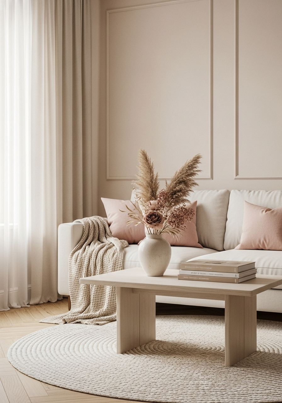 Living room with ivory sofa, blush pillows, and beige paneling, showing soft neutral decor