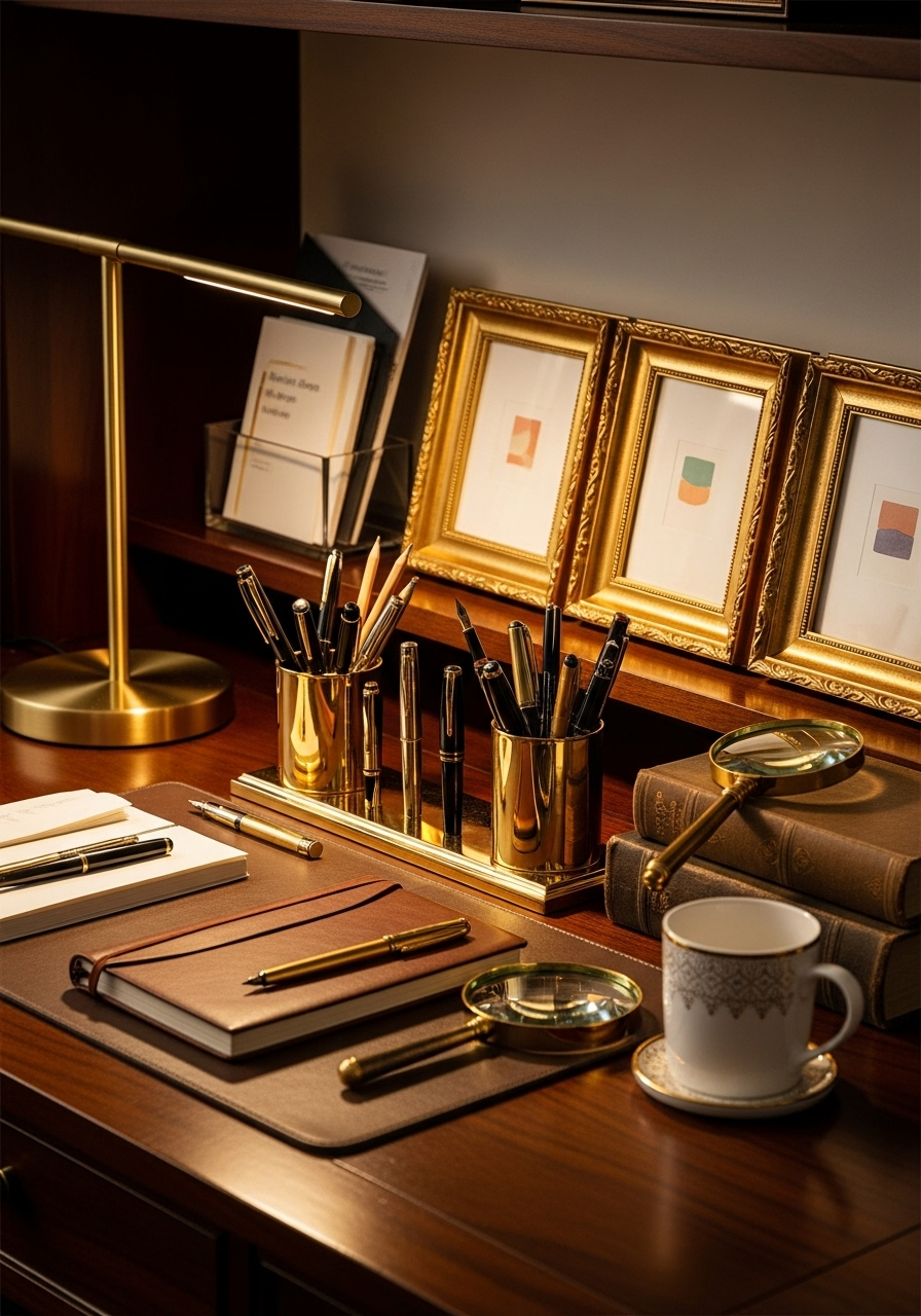Desk setup with gold desk lamp, gold pen holders, and gold-framed art