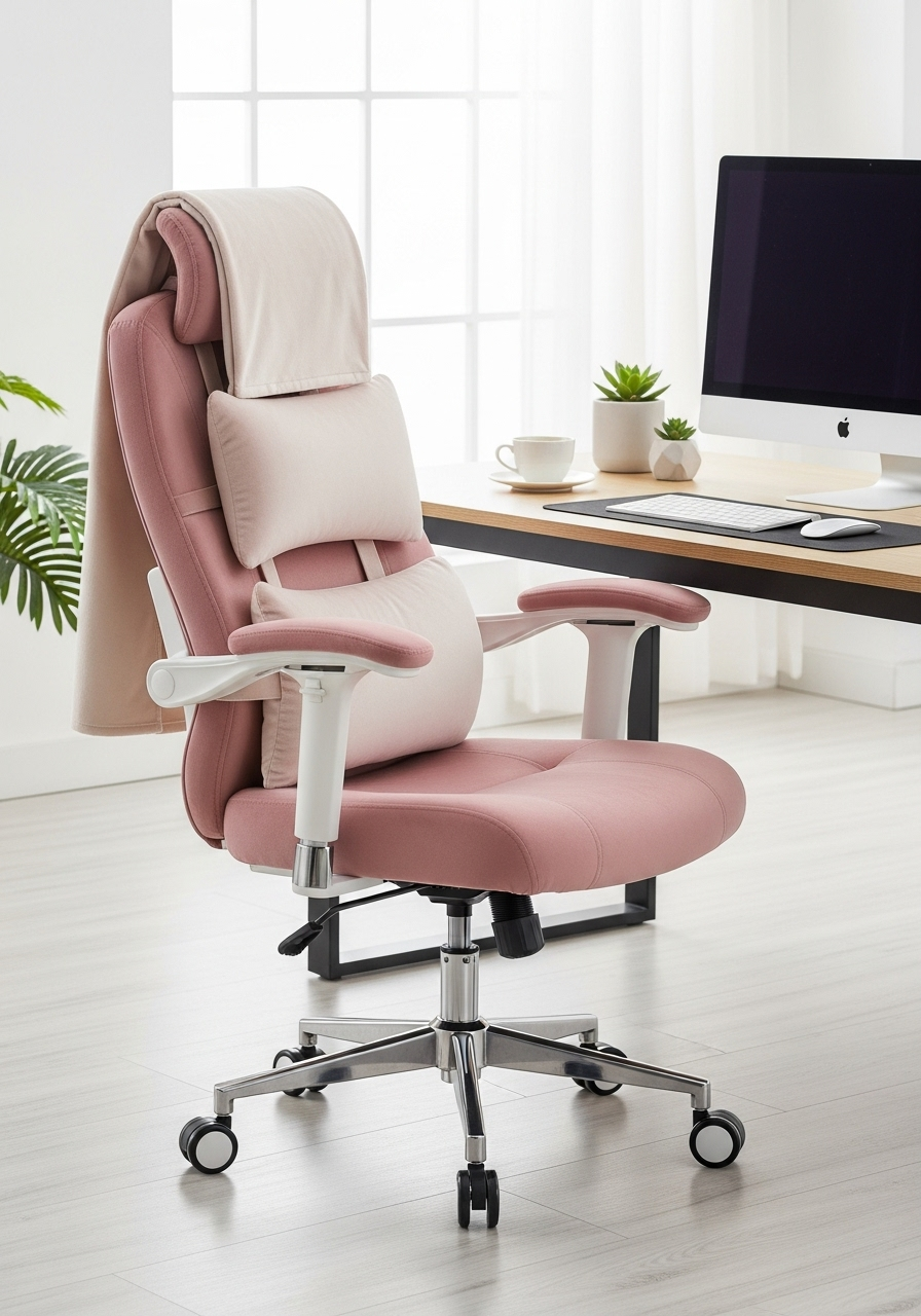Blush velvet ergonomic office chair with cream lumbar and headrest pillows