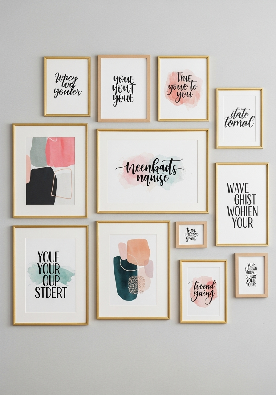 Gallery wall with abstract art, motivational quotes, and gold and natural wood frames