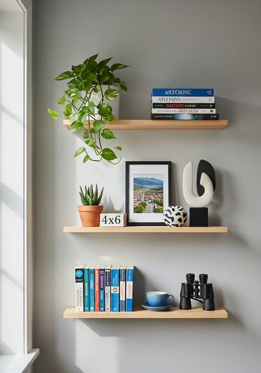 Floating natural wood shelves with Pothos plant, books, and decorative items